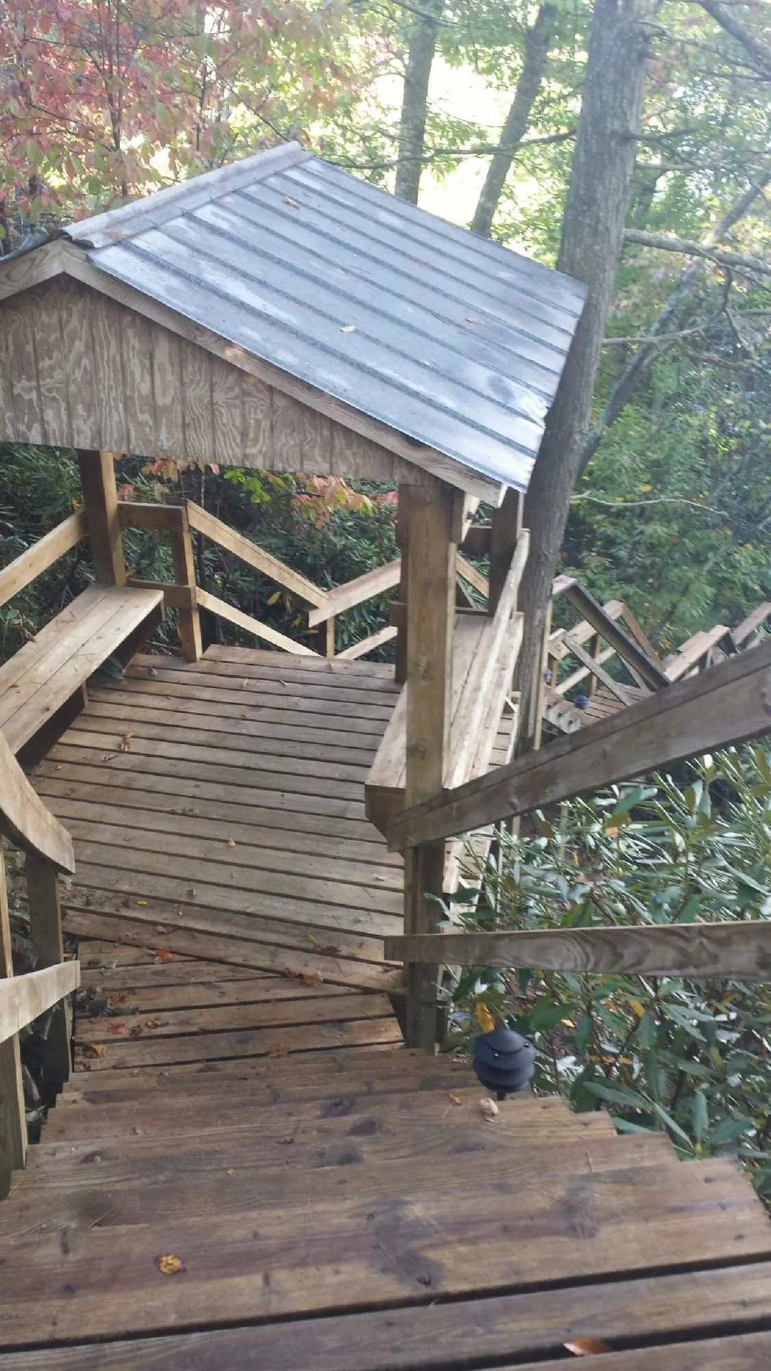 Metal roofed shelter over wooden steps on a wooded walkway — Skylight Repair & Installation work by our crew in Federalsburg